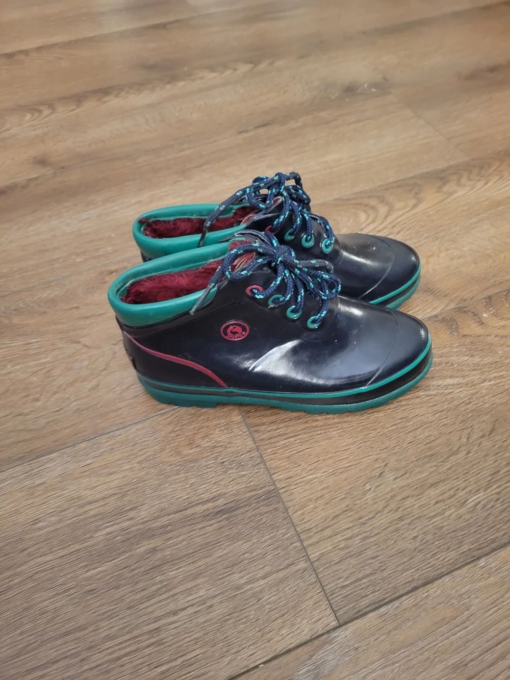 Sporto Black and Green Lace-Up Kids Rain Boots